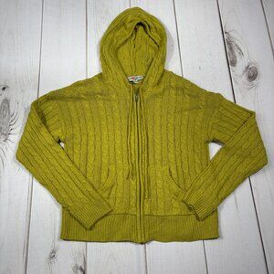 Size L Lime Green Sweater Love Change Italy Cable Knit Front Zip Hooded Pockets
